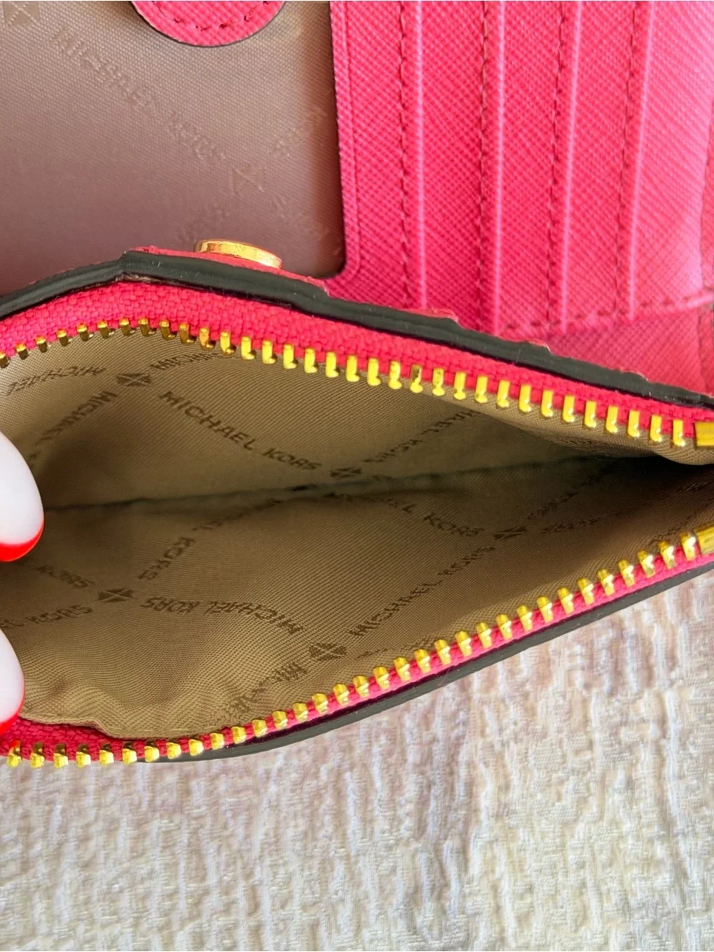 MICHAEL KORS Bright Pink Saffiano Zip Wallet with Gold Hardware